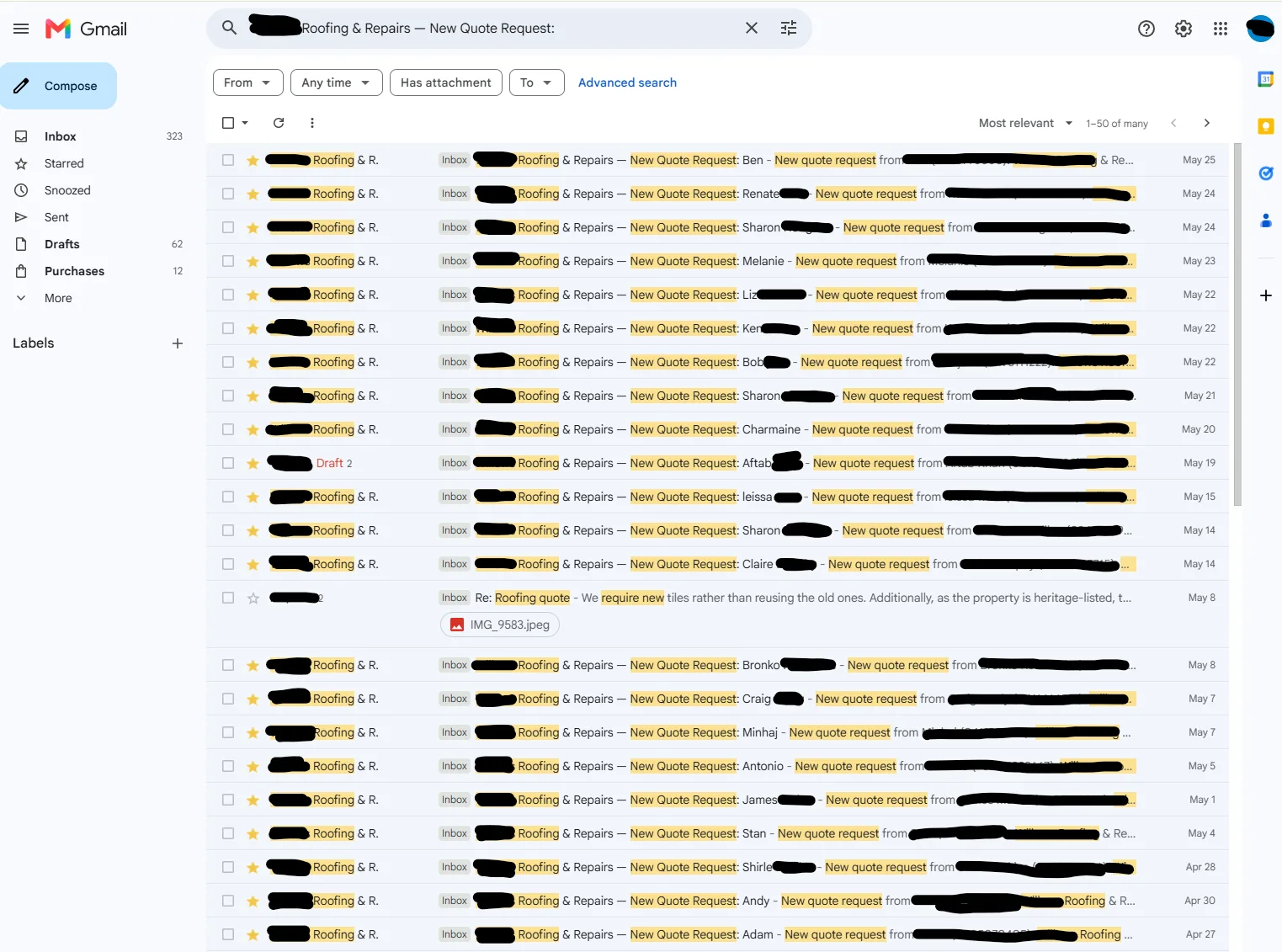 Screenshot of a client's Gmail inbox filled with new lead enquiries from their quote request system